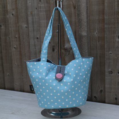 Bucket Shape Handbag in Light Blue Cotton with White Polka Dots