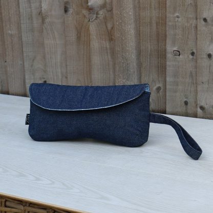 Clutch Purse in Denim with Blue Polka Dot Lining with Wrist Strap