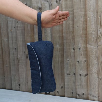 Clutch Purse in Denim with Blue Polka Dot Lining with Wrist Strap