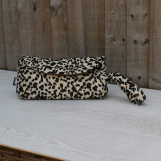 Clutch Purse with Wrist Strap in Leopard Faux Fur with Brown Cotton Lining