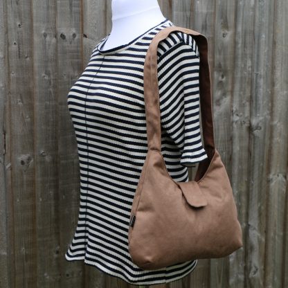 Hobo Style Handbag in Light Brown Faux Suede with Brown Cotton Lining