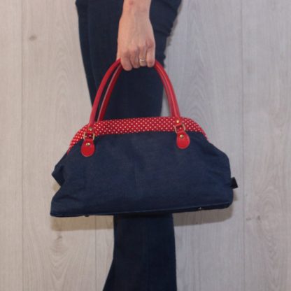 Large Vintage Style Carpet Handbag in Navy Blue Denim Red Polka Dot Lining