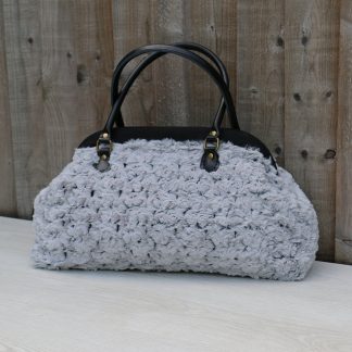 Large Vintage Style Carpet Handbag in Plush Soft Grey Fluffy Fabric with Rose Pattern