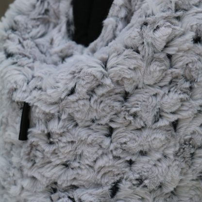 Large Vintage Style Carpet Handbag in Plush Soft Grey Fluffy Fabric with Rose Pattern