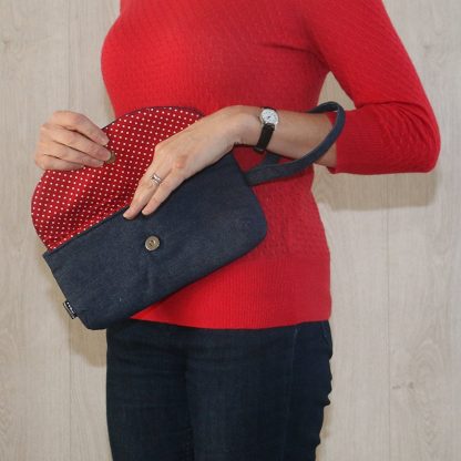 Long Clutch Purse with Strap – Denim with Red Polka Dot