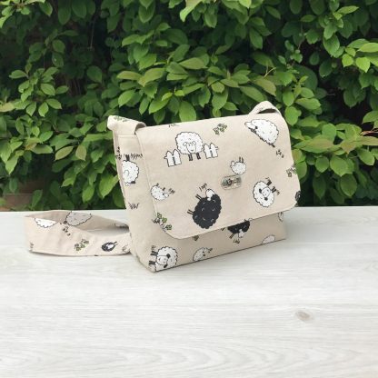 Messenger Bag with Cute Sheep Print in Beige Cotton