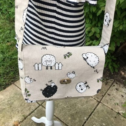 Messenger Bag with Cute Sheep Print in Beige Cotton