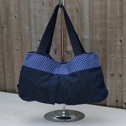 Over the Shoulder Hobo Handbag in Denim with Navy Blue Polka Dot Trim & Lining
