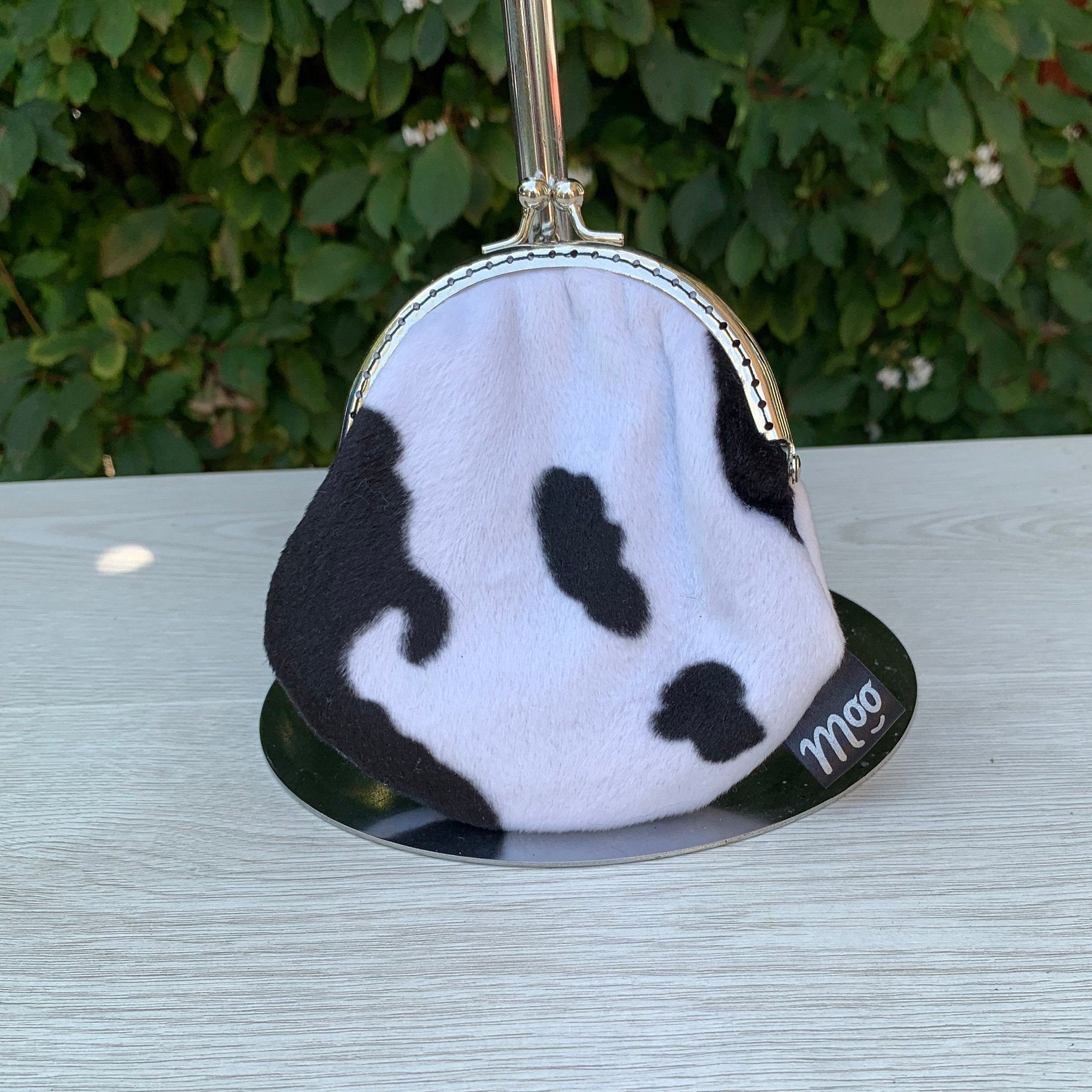 Small Coin Purse in Cow Print Faux Fur with Silver Metal Frame