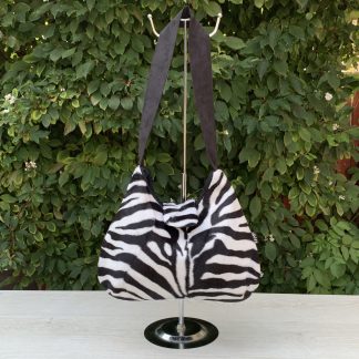 Hobo Style Handbag in Zebra Print Faux Fur with Black Cotton Lining