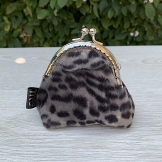 Small Coin Purse in Snow Leopard Print Faux Fur with Silver Metal Frame