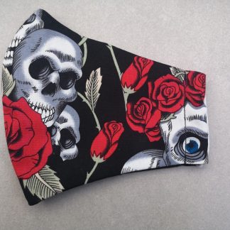 Reuseable Adult Washable Face Masks in Black Cotton with Skull and Roses
