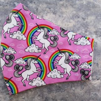 Reuseable Adult Washable Face Masks in Pink Fabric with Unicorn and Rainbow