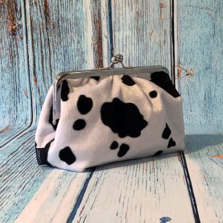 Clutch Purse in Soft Cow Print Faux Fur with Silver Metal Frame