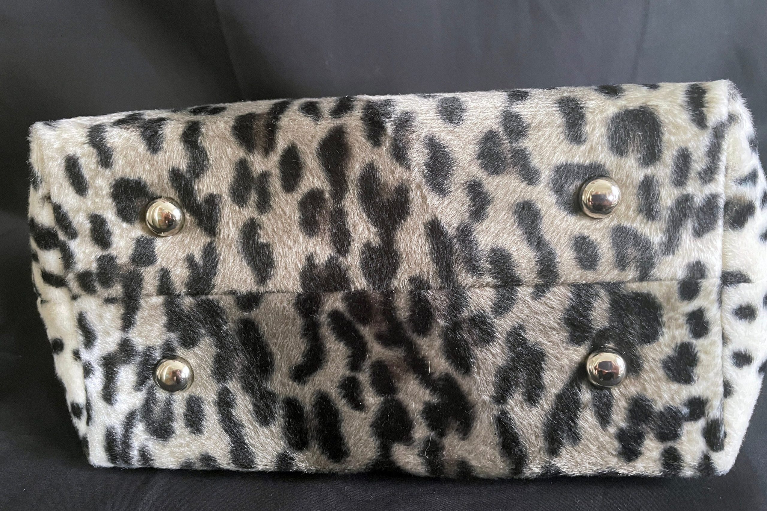 Clutch Purse in Soft Snow Leopard Print Faux Fur with Silver Metal Frame