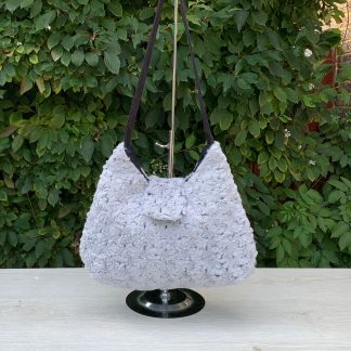 Hobo Style Handbag in Plush Soft Grey Fluffy Fabric with Rose Pattern with Black Cotton Lining