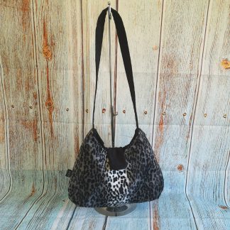 Hobo Style Handbag in Snow Leopard Print Faux Fur with Black Cotton Lining