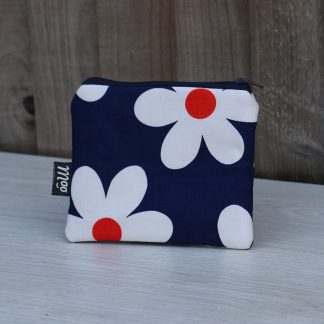 Square Coin Purse in Navy Blue Cotton with Large Red and White Daisies