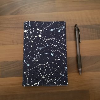 A6 Notebook with Reusable Fabric Cover – Navy with Stars Solar System Print Cotton Fabric